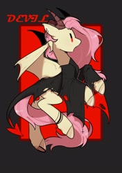 Size: 1480x2100 | Tagged: safe, artist:snowillusory, fluttershy, pegasus, pony, bat wings, clothes, devil, ear piercing, earring, fangs, female, horns, jewelry, mare, piercing, profile, red eyes, solo, spread wings, wings