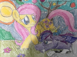 Size: 4032x3024 | Tagged: safe, artist:estories, artist:wolfspiritclan, fluttershy, oc, oc:alice goldenfeather, draconequus, pegasus, pony, traditional art