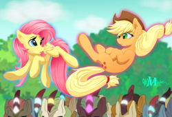 Size: 2156x1463 | Tagged: safe, artist:wildviolet-m, applejack, autumn afternoon, cinder glow, fluttershy, forest fall, maple brown, pumpkin smoke, sparkling brook, summer flare, earth pony, kirin, pegasus, pony, sounds of silence, background kirin, clothes, cloud, ear fluff, female, freckles, hat, levitation, magic, mare, open mouth, scene interpretation, sky, telekinesis, tree