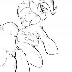 Size: 1536x1536 | Tagged: safe, artist:kurogewapony, pinkie pie, earth pony, pony, back, balloonbutt, butt, female, lineart, looking at you, looking back, looking back at you, mare, monochrome, open mouth, plot, simple background, smiling, solo, underhoof, white background