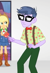 Size: 437x630 | Tagged: safe, screencap, applejack, microchips, better together, equestria girls, rollercoaster of friendship, applejack's hat, boots, clothes, cowboy boots, cowboy hat, cropped, denim skirt, female, freckles, geode of super strength, glasses, hat, magical geodes, male, pants, shoes, skirt, stetson