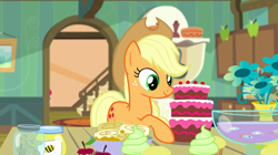 Size: 1440x809 | Tagged: safe, screencap, applejack, earth pony, fish, pony, bloom and gloom, breakfast, cake, cinnamon bun, cupcake, dog biscuit, dream, female, flower, food, honey, jar, mare, punch (drink), punch bowl, smiling, solo focus