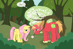 Size: 900x609 | Tagged: safe, artist:ellisarts, big macintosh, fluttershy, pegasus, pony, deviantart watermark, female, flower, fluttermac, male, obtrusive watermark, shipping, straight, tree, watermark