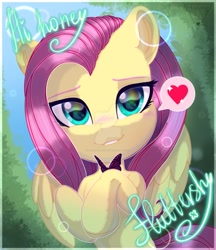 Size: 831x961 | Tagged: safe, artist:auroracursed, fluttershy, butterfly, pegasus, pony, blushing, bust, cute, deviantart watermark, female, full face view, heart, hi, hooves to the chest, looking at you, mare, name, obtrusive watermark, outdoors, pictogram, portrait, shyabetes, smiling, solo, speech bubble, watermark, wings