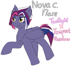 Size: 2914x2769 | Tagged: safe, artist:jolliapplegirl, oc, oc only, oc:nova c. flare, pegasus, pony, my little pony: the movie, female, magical lesbian spawn, next generation, offspring, parent:tempest shadow, parent:twilight sparkle, parents:tempestlight, simple background, solo, white background