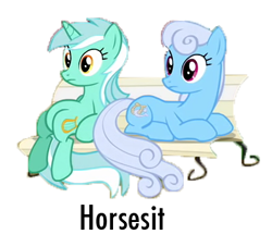 Size: 392x356 | Tagged: safe, edit, edited screencap, screencap, linky, lyra heartstrings, shoeshine, dragonshy, background removed, bench, duo, meme, pun, simple background, sitting, sitting lyra, white background