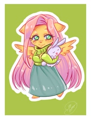 Size: 886x1177 | Tagged: safe, artist:dinakyo, angel bunny, fluttershy, anthro, chibi, clothes, crossed arms, duo, floppy ears, looking at you, outline, simple background, skirt, smiling, spread wings, standing, sweater, sweatershy, white outline, wings