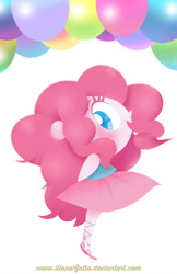 Size: 582x900 | Tagged: safe, artist:ilianagatto, pinkie pie, human, balloon, clothes, colored pupils, cute, diapinkes, dress, female, hands behind back, humanized, open mouth, profile, solo