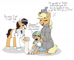 Size: 1760x1435 | Tagged: safe, artist:pastel-charms, applejack, oc, oc:apple butter, oc:lucky horseshoe, earth pony, pony, clothes, colt, costume, female, filly, male, nightmare night costume, offspring, overprotective, parent:applejack, parent:trouble shoes, parents:troublejack, the wizard of oz, tin man