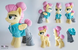 Size: 1116x716 | Tagged: safe, artist:meplushyou, fluttershy, pegasus, pony, fake it 'til you make it, alternate hairstyle, clothes, female, frown, hair bun, irl, looking at you, mare, outfit, photo, plushie, severeshy, solo, unamused