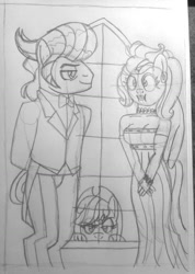 Size: 1263x1770 | Tagged: safe, artist:supra80, applejack, fluttershy, gladmane, anthro, viva las pegasus, :i, applejack judges on the outside, breasts, clothes, dress, ear piercing, earring, female, hootershy, jewelry, lipstick, male, messy hair, pencil drawing, piercing, traditional art, tuxedo, unconvinced applejack, we bought two cakes, wedding dress, window