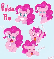 Size: 1102x1200 | Tagged: safe, artist:ch-chau, pinkie pie, earth pony, pony, bust, confused, cute, dialogue, diapinkes, expressions, eyes closed, female, grin, happy, mare, open mouth, question mark, shocked, simple background, smiling, solo, surprised