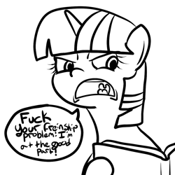 Size: 1000x1000 | Tagged: safe, artist:bennimarru, twilight sparkle, twilight sparkle (alicorn), alicorn, 30 minute art challenge, angry, black and white, book, dialogue, disgusted, female, grayscale, looking down, mare, monochrome, open mouth, simple background, solo, speech bubble, swearing, that pony sure does love books, vulgar, white background