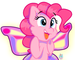 Size: 1345x1068 | Tagged: safe, artist:rainbow eevee, pinkie pie, earth pony, pony, butterfly wings, hitachi, hooves, joy, open mouth, shining, simple background, smiling, solo, sparkles, transparent background, vibrant