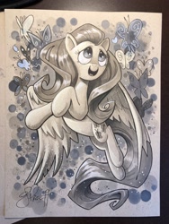 Size: 1536x2048 | Tagged: safe, artist:andypriceart, fluttershy, butterfly, pegasus, pony, female, monochrome, traditional art