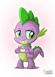 Size: 955x1351 | Tagged: safe, artist:mysticalpha, spike, dragon, cute, grin, heart, simple background, smiling, solo, white background