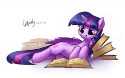 Size: 1545x970 | Tagged: safe, artist:luciferamon, twilight sparkle, twilight sparkle (alicorn), alicorn, pony, book, cute, female, lying down, mare, on side, reading, signature, simple background, smiling, solo, that pony sure does love books, twiabetes, white background