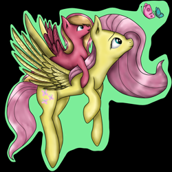 Size: 894x894 | Tagged: safe, artist:lunaapple, fluttershy, oc, oc:shyflower, butterfly, pegasus, pony, black background, female, flying, foal, mother and child, mother and daughter, offspring, parent and child, parent:big macintosh, parent:fluttershy, parents:fluttermac, pony ride, simple background