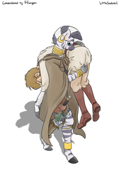 Size: 2883x4290 | Tagged: safe, artist:littlesnaketail, zecora, anthro, human, unguligrade anthro, carrying, cloak, clothes, crossover, fanfic, fanfic art, high res, male, obi-wan kenobi, simple background, star wars, white background