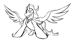 Size: 1499x877 | Tagged: safe, artist:alixnight, pony of shadows, shadow play, adorabolical, black and white, cute, grayscale, ink sketch, monochrome, shadorable, simple background, smiling, solo, spread wings, white background, wings