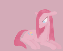 Size: 500x407 | Tagged: safe, artist:eyefocusing, pinkie pie, earth pony, pony, angry, female, floppy ears, mare, no pupils, pink background, pinkamena diane pie, prone, simple background, solo