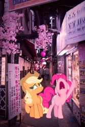 Size: 1066x1600 | Tagged: safe, editor:lisaloudleijon, applejack, pinkie pie, earth pony, pony, applepie, candy, cherry blossoms, cute, date, female, flower, flower blossom, food, japan, lesbian, real life background, shipping, tokyo