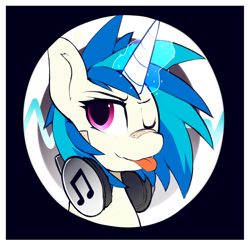 Size: 1280x1255 | Tagged: safe, alternate version, artist:kribbles, dj pon-3, vinyl scratch, pony, unicorn, :p, bandaid, bust, button, cute, female, glowing horn, headphones, horn, magic, magic aura, mare, one eye closed, portrait, solo, tongue out, vinylbetes, wink