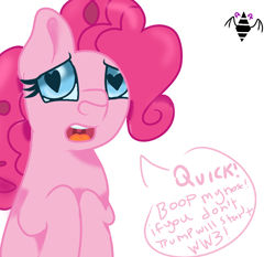 Size: 1024x955 | Tagged: safe, artist:aurumnarts, pinkie pie, pony, asking, boop, breaking the fourth wall, donald trump, heart eyes, looking at you, pleading, she knows, simple background, solo, speech bubble, trump, white background, wingding eyes, world war iii, worried