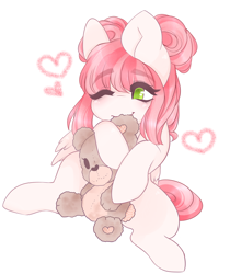 Size: 1024x1221 | Tagged: safe, artist:princesstiramichyuu, oc, oc only, pegasus, pony, art trade, cute, female, happy, heart, hug, mare, nom, one eye closed, simple background, solo, teddy bear, white background, wink