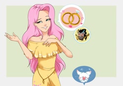 Size: 987x694 | Tagged: safe, artist:gamblingfoxinahat, angel bunny, discord, fluttershy, human, she talks to angel, blushing, heart, humanized, implied discoshy, implied shipping, implied straight, ring, scene interpretation, smiling, wedding ring, yellow dress