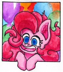 Size: 1667x1920 | Tagged: safe, artist:ploskostnost, pinkie pie, earth pony, pony, balloon, bust, colored pupils, ear fluff, looking at you, portrait, smiling, solo, traditional art, watercolor painting