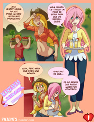 Size: 850x1100 | Tagged: safe, artist:7nights, applejack, big macintosh, fluttershy, human, comic:apples of her eye, adonis belt, apple, belly button, belt, breasts, bucket, cleavage, clothes, comic, cowboy hat, explicit source, female, food, front knot midriff, hat, humanized, implied straight, jeans, juice, lemonade, light skin, male, midriff, moderate dark skin, pants, shirt, spanish, stetson, sweater, sweatershy, working