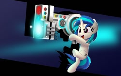 Size: 800x499 | Tagged: safe, artist:jhayarr23, dj pon-3, vinyl scratch, pony, unicorn, badass, bipedal, dubstep gun, female, mare, saints row, saints row iv, solo, weapon