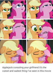 Size: 535x740 | Tagged: safe, edit, edited screencap, editor:lisaloudleijon, screencap, applejack, pinkie pie, earth pony, pony, my little pony: the movie, applepie, cropped, female, floppy ears, lesbian, pinkie cry, sad, shipping, teary eyes