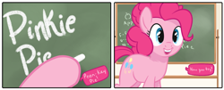 Size: 1500x604 | Tagged: safe, artist:tex, pinkie pie, earth pony, pony, chalk, chalkboard, cropped, cute, dialogue, diapinkes, hoof hold, open mouth, solo, speech bubble