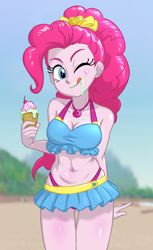 Size: 610x1000 | Tagged: safe, artist:ta-na, pinkie pie, equestria girls, adorasexy, beach, beach babe, breasts, cleavage, clothes, cute, diapinkes, female, food, geode of sugar bombs, ice cream, ice cream cone, licking, licking lips, looking at you, magical geodes, messy eating, one eye closed, sand, sexy, solo, swimsuit, tongue out, wink