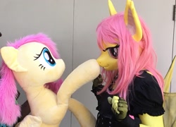 Size: 1667x1199 | Tagged: safe, artist:bramble bunny, artist:joltage, fluttershy, anthro, bat pony, human, animegao, animegao kigurumi, anthro ponidox, bat ponified, boop, bronycon, clothes, cosplay, costume, duality, female, flutterbat, irl, irl human, kigurumi, photo, plushie, race swap
