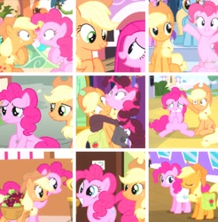 Size: 740x752 | Tagged: safe, editor:lisaloudleijon, screencap, applejack, pinkie pie, earth pony, pony, applepie, cute, female, happy, hug, lesbian, shipping