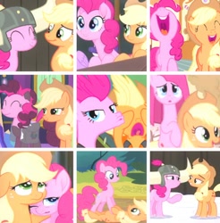 Size: 740x752 | Tagged: safe, editor:lisaloudleijon, screencap, applejack, pinkie pie, earth pony, pony, hearthbreakers, magical mystery cure, my little pony: the movie, not asking for trouble, pinkie apple pie, applepie, collage, cropped, duckface, female, helmet, honorary yak horns, horned helmet, implied applepie, implied lesbian, implied shipping, lesbian, mare, pinkamena diane pie, screaming, shipping, swapped cutie marks, viking helmet