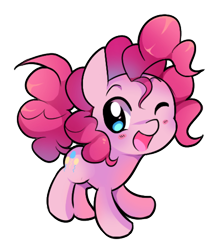 Size: 766x888 | Tagged: safe, artist:pekou, pinkie pie, earth pony, pony, blushing, chibi, cute, diapinkes, one eye closed, open mouth, simple background, solo, transparent background, wink