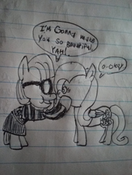 Size: 720x960 | Tagged: safe, artist:logan jones, fluttershy, photo finish, pegasus, pony, green isn't your color, drawing, female, lined paper, parody, pen drawing, photo, small eyes, stylistic suck, traditional art