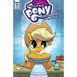 Size: 640x640 | Tagged: safe, artist:agnesgarbowska, idw, applejack, earth pony, pony, spoiler:comic72, apple, apple pie, apron, bipedal, clothes, comic cover, cowboy hat, cute, egg (food), female, food, hat, hoof hold, jackabetes, looking at you, mare, my little pony logo, pie, solo