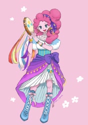 Size: 846x1200 | Tagged: safe, artist:puri__kyua, pinkie pie, friendship is witchcraft, equestria girls, anime, beautiful, cute, diapinkes, esmeralda, female, gypsy pie, looking at you, musical instrument, pink background, simple background, solo, tambourine