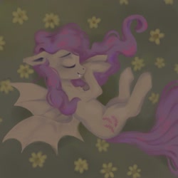 Size: 2000x2000 | Tagged: safe, artist:leeene, fluttershy, bat pony, pony, bat ponified, bat wings, eyes closed, female, floppy ears, flower, flutterbat, grass, mare, night, on side, outdoors, race swap, sleeping, smiling, solo, spread wings, wings