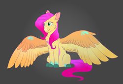 Size: 3800x2600 | Tagged: safe, artist:glitterstar2000, fluttershy, pegasus, pony, cheek fluff, chest fluff, colored belly, colored fetlocks, colored hooves, colored wings, ear fluff, female, gradient background, head tilt, mare, shoulder feathers, sitting, snip (coat marking), solo, spread wings, three quarter view, wings