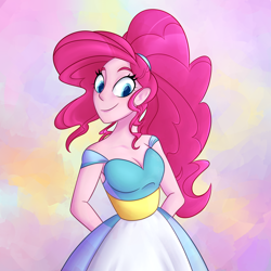 Size: 3000x3000 | Tagged: safe, artist:puddingskinmcgee, pinkie pie, equestria girls, alternate hairstyle, breasts, cleavage, cute, diapinkes, female, hands behind back, ponytail, smiling, solo