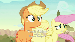 Size: 1280x720 | Tagged: safe, screencap, applejack, fluttershy, earth pony, pegasus, pony, sounds of silence, credits, duo, female, gregory bonsignore, mare, opening credits