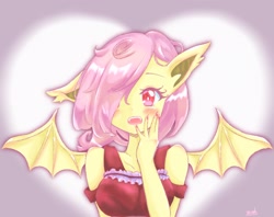 Size: 2048x1618 | Tagged: safe, artist:moh_mlp2, fluttershy, anthro, bat pony, bat ponified, blushing, female, flutterbat, open mouth, race swap, solo