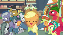 Size: 1280x720 | Tagged: safe, screencap, apple bloom, applejack, big macintosh, cloudy quartz, granny smith, igneous rock pie, limestone pie, marble pie, maud pie, earth pony, pony, best gift ever, apple family, apple siblings, clothes, eyes closed, female, hat, male, mare, pie family, pie sisters, scarf, siblings, sisters, spread hooves, stallion