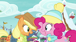 Size: 1280x720 | Tagged: safe, screencap, applejack, berry punch, berryshine, cotton sky, pinkie pie, earth pony, pony, best gift ever, clothes, duo, female, hat, jacket, looking at each other, mare, scarf